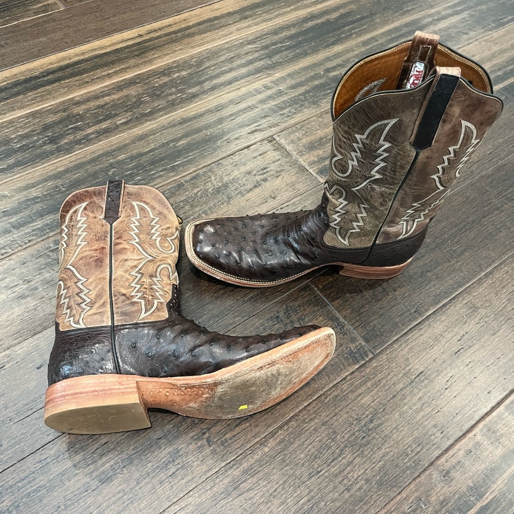 Rios of Mercedes Dark Brown and Tan Ostrich Cowboy Boots